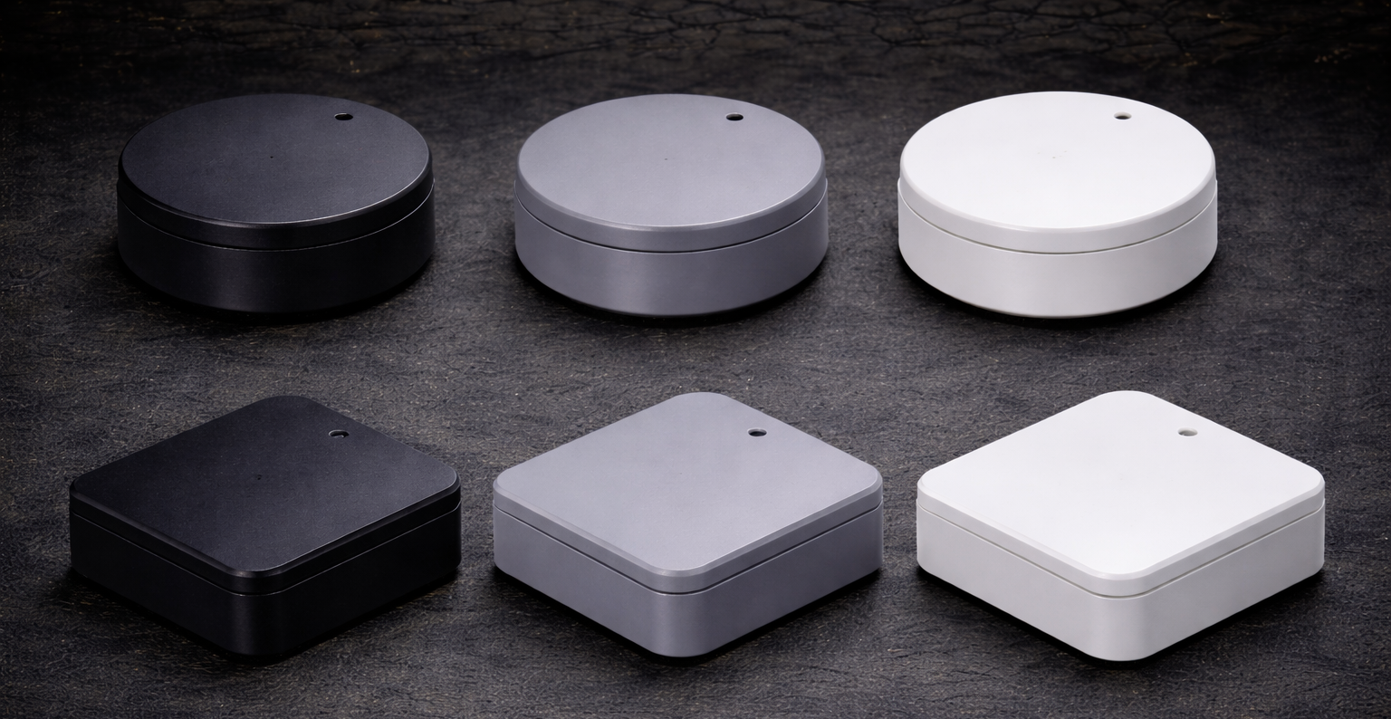 Wszystkie warianty EchoEye natynkowy — biały, czarny, szary, okrągły i kwadratowy